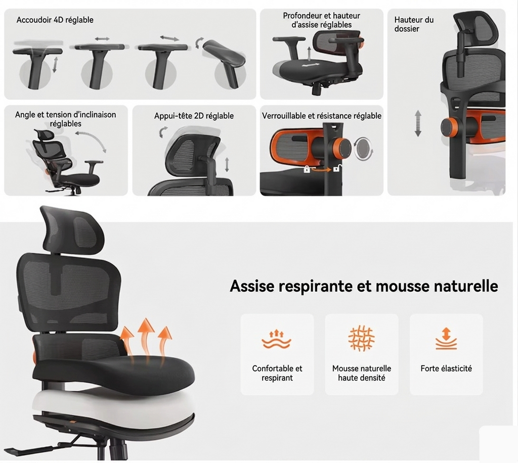 Chaise LUXE MyErgoSphere assise profondeur réglable vue détail