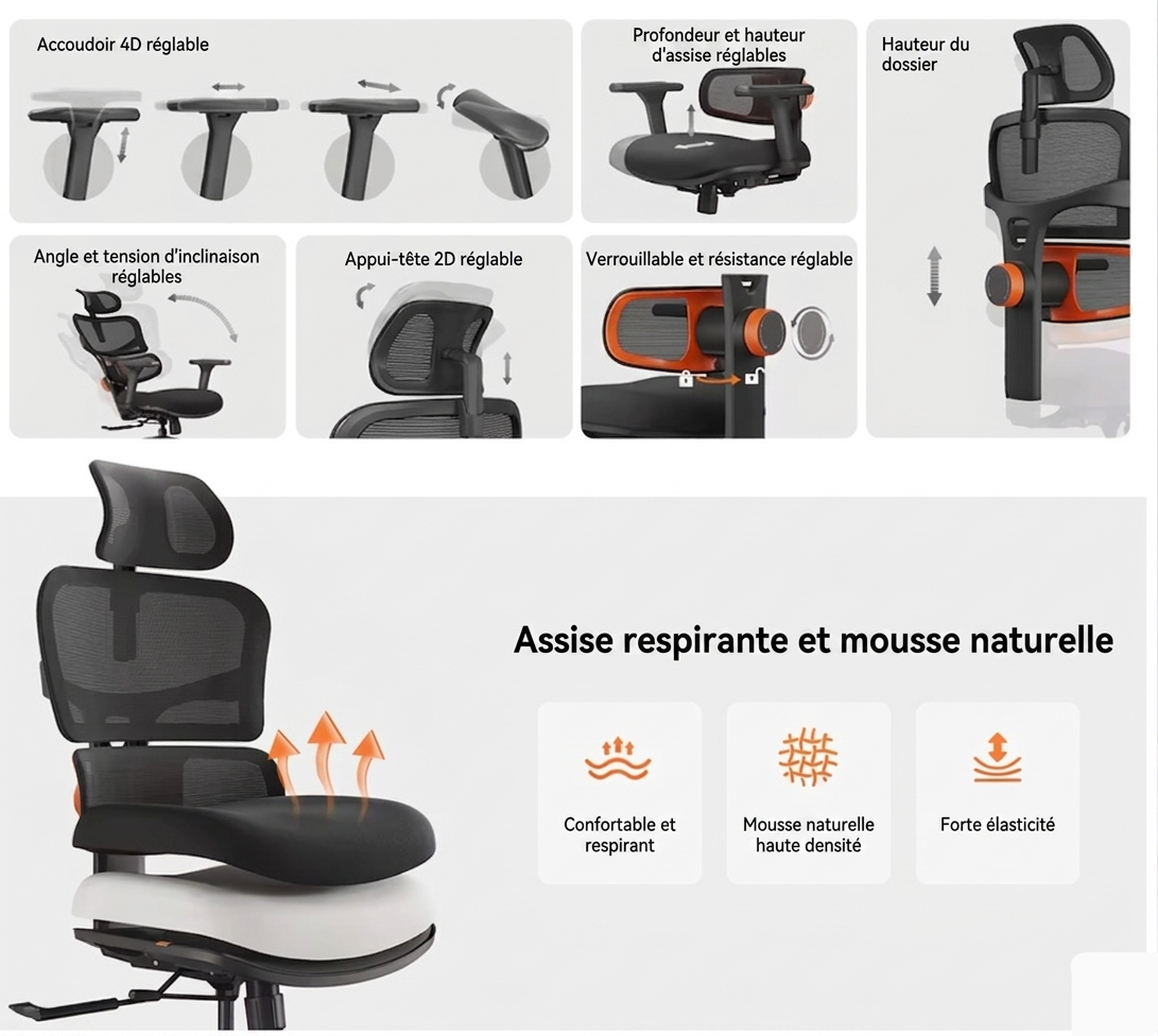 Chaise LUXE MyErgoSphere assise profondeur réglable vue détail
