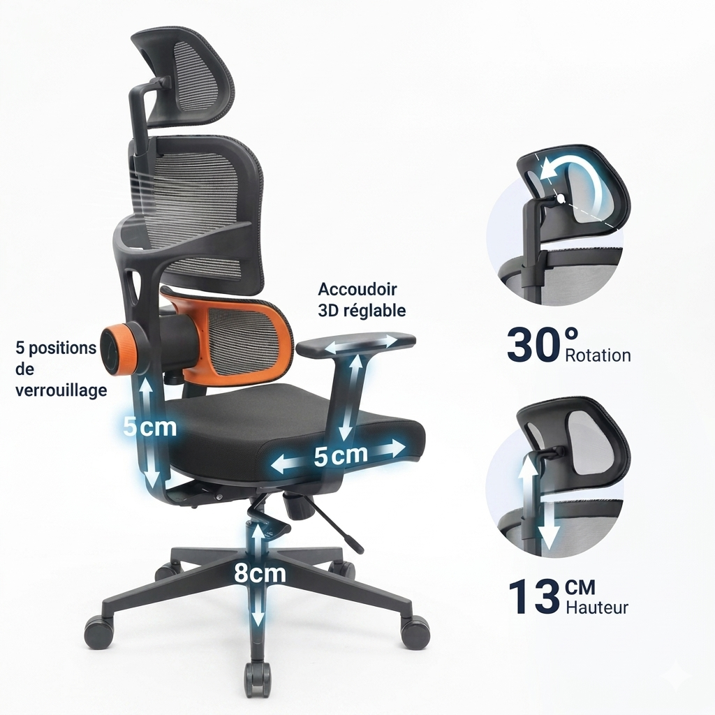 Chaise ergonomique LUXE MyErgoSphere base aluminium poli 5 branches